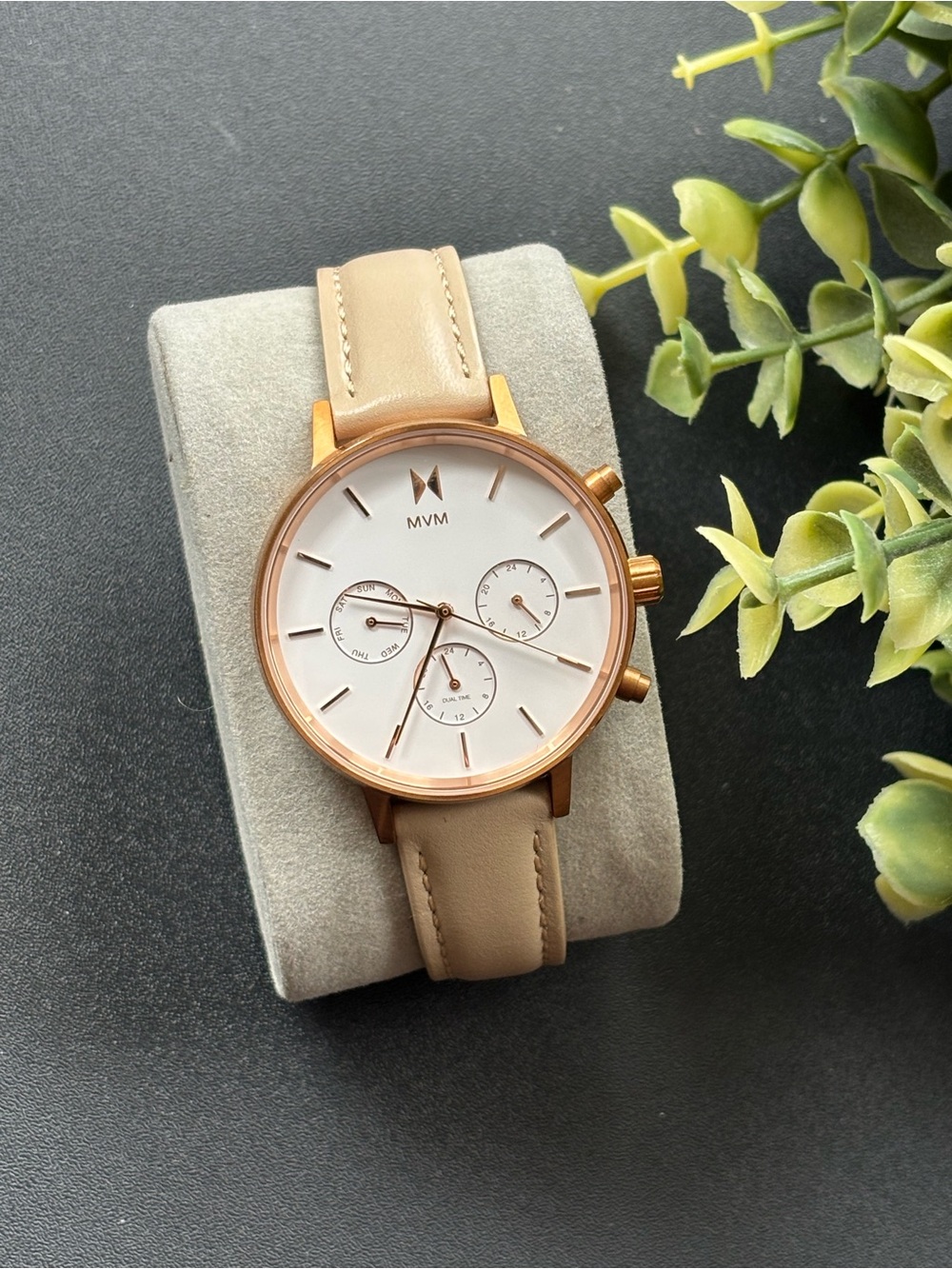 MVMT Rose Gold and Beige Leather Chronograph Watch